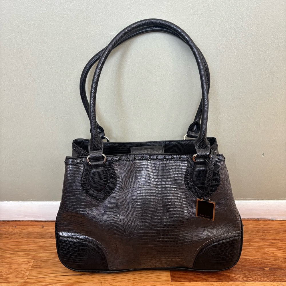 Nine West Black/Grey Textured Faux Leather Tote Handbag - Picture 1 of 15